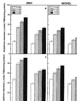 Fig. 6. Glutathione reductase activity of the roots (a) and (b) and shoots (c) and (d) of the 6-day-old seedlings of two pigeonpeacultivars in response to different concentrations of Zn (a and c) and Ni (b and d) supplied