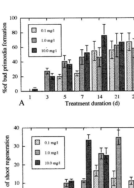 Fig. 2. Effect of the concentrations and durations of exposureto TDZ on the frequencies of (A) bud primordia formationafter 3 weeks of culture and (B) shoot regeneration 2 monthsafter the transfer