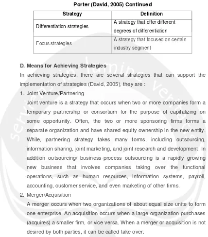 Table 2.3. Types of Strategies According to Generic Strategies of MichaelPorter (David, 2005) Continued