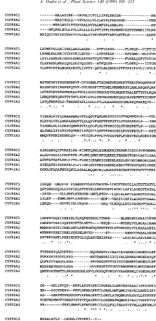 Fig. 2. Multiple sequence alignment of cytochrome P450s most similar to CYP96C1 (from Blast searches)