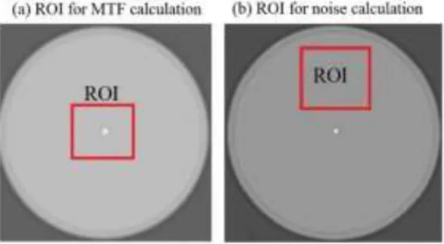 Figure 3. Region of interest for (a) MTF calculation, and (b) noise calculation. 