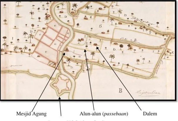 Gambar 1.1: Peta Semarang dan benteng VOC, memperlihatkan alun-alun, dalem,  dan mesjid