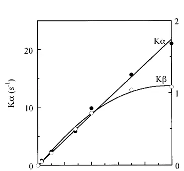 Fig. 3. Light-response curves of the rate constants of QAphotoreduction. �, the rate constants of PS II�; �, those ofPS II�.