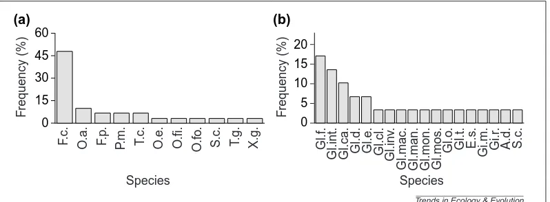 Fig. 1. The frequency that Collembola and arbuscular mycorrhizal (AM) species are used in laboratory experimentsProisotoma minutaGlomus intraradicesfolsomiclarummonosporumGi.m., is also heavily skewed and dominated by species widely available in culture