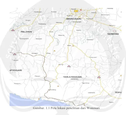 Gambar. 1.1 Peta lokasi penelitian dari Wonosari 