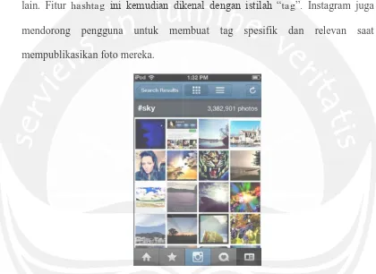 Gambar 2.4. Screenshot contoh tampilan fitur “Search” dengan menggunakan tagar (lambang #) di Instagram untuk mempermudah pencarian foto dengan tema serupa
