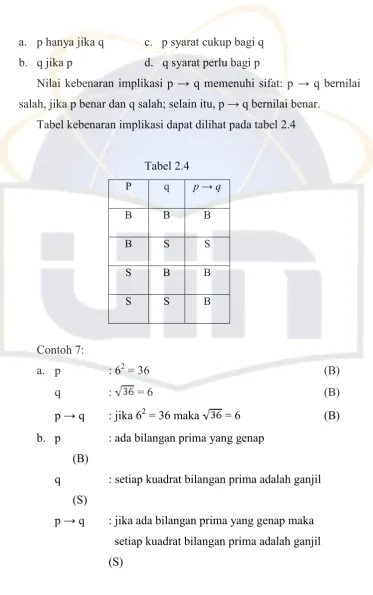 Tabel kebenaran implikasi dapat dilihat pada tabel 2.4 