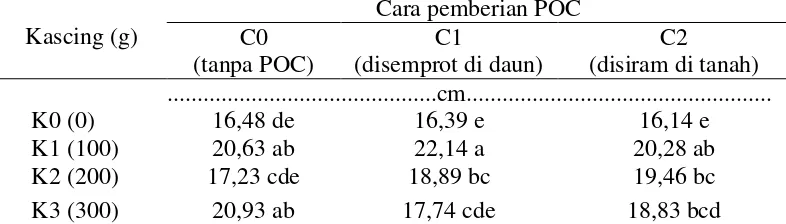Tabel 2. Tinggi bibit pada berbagai dosis kascing dan cara pemberian pupuk      organik  cair pada umur 12 MST 