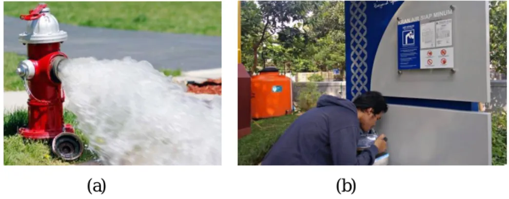 Gambar 2. Pemakaian air di kota (a) Hydrant (b) Kran air minum  (Sumber: https://firehydrant.id/ dan https://kumparan.com/ )   Pemakaian  air  juga  bisa  dilihat  di  kota-kota  di  seluruh  dunia