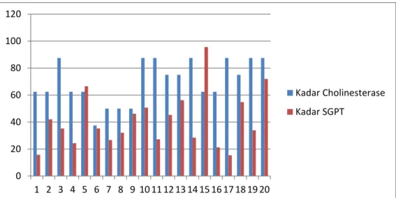 Grafik 4.1 Hasil Kadar Cholinesterase dan Kadar  SGPT (Serum  Glutamic Pyruvic Transaminase) Dalam Darah