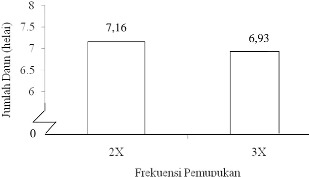 Gambar 5. Perkembangan jumlah daun bibit bud sets tebu umur 3-8 MST pada frekuensi pemupukan N, P dan K yang berbeda  