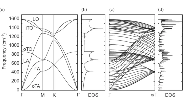 Figure 1.3. Phonon dispersions and density of states for graphite ((a) and (b)) and a representative nanotube ((c) and (d))