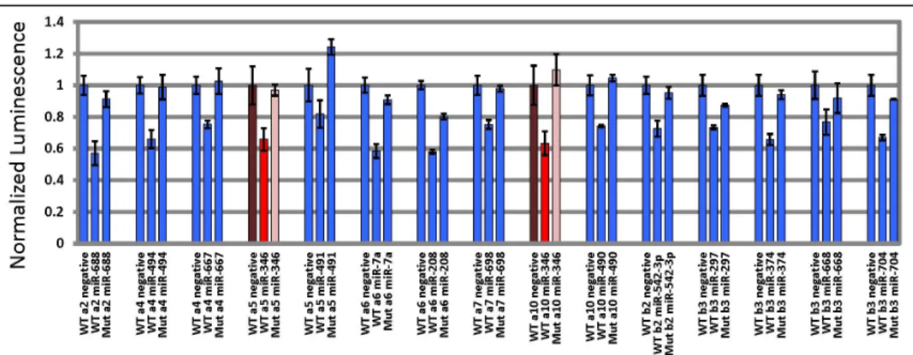 Figure 2.1. Results of luciferase screen of orphan miRNA library against nAChR 3’UTRs