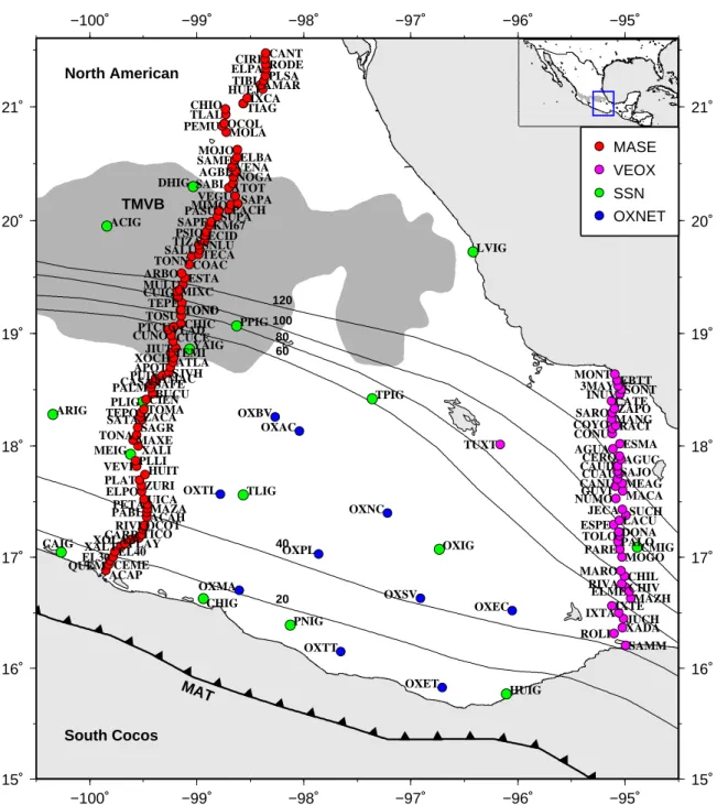 Figure 3.16: Map showing the locations of MASE, VEOX, SSN, and OXNET stations along with their respective station names