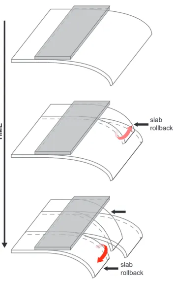 Figure 3.15: 3D schematic of the slab rollback process and plate tearing through time