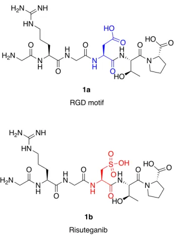 Figure  1.2  Molecular  structures  of  RGD  motif  and  Risuteganib  peptide.  These  two  oligopeptides  share  a  similar  sequence  of  6  amino  acids,   glycine-arginine-glycine-X-threonine-proline (GRGXTP), while X is aspartic acid for RGD motif (1a