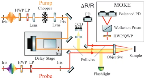Figure 2.2: Schematic of the time-resolved reflectivity and MOKE experimental setup.