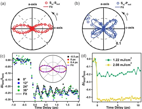 Figure 3.3: Static and time-resolved SHG-RA results. Static SHG-RA patterns in the (a) S in -S out and (b) S in -P out channels
