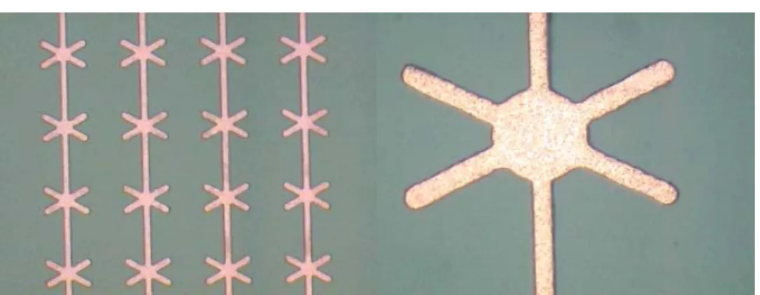 Fig. 3-7.  Optical images showing the anchors that have been etched into  the silicon, as well as the patterned sacrificial aluminum for the tunnels