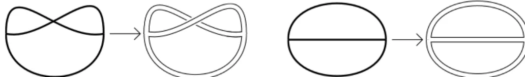 Figure 2.5: Two fatgraphs differing only in their cyclic orders, and their fattenings to a once- once-punctured torus and a trice-once-punctured sphere.