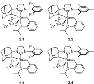 Figure  2.1.    Catalysts  2.1–2.4  used  for  homodimerization  and  ring–opening  metathesis  polymerization reactions