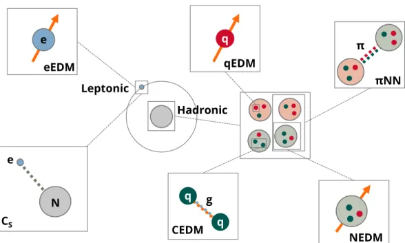Figure 1.1: Schematic diagram illustrating some sources, not exhaustive, of 𝑃, 𝑇 violating physics in atoms and molecules