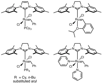 Figure 1.6. Examples of olefin metathesis catalysts bearing NHC ligands. 