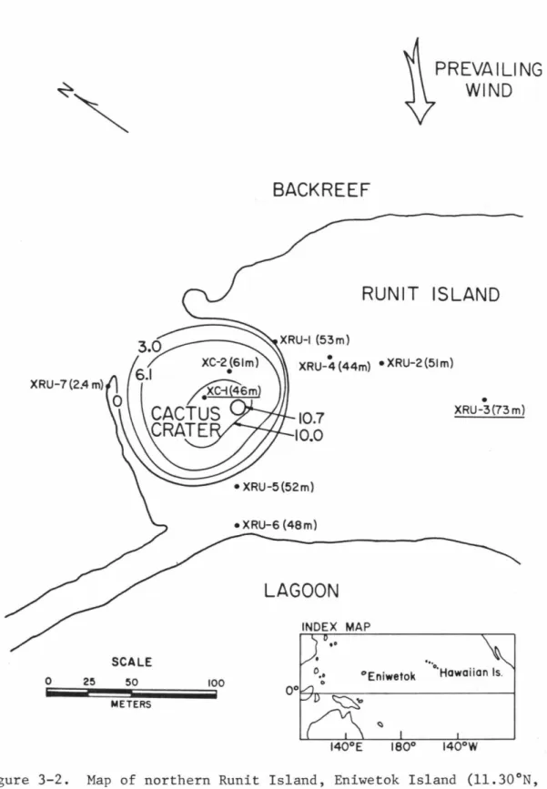 Figure  3-2.  Map  of  northern  Runit  Island,  Eniwetok  Island  (11.30°N,  162.15°E)  showing  the  location  of  Cactus  Crater  and  of  Project  EXPOE  drillholes