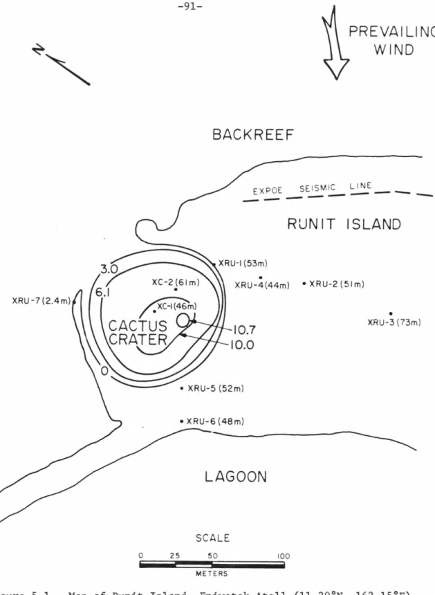 Figure  5-l.  Map  of  Runit  Island,  Eniwetok  Atoll  (11.30°N,  162.15°E)  showing  positions  of  drillholes  in  cratered  (XC)  and  uncratered  (XRU)  portions  of  the  island