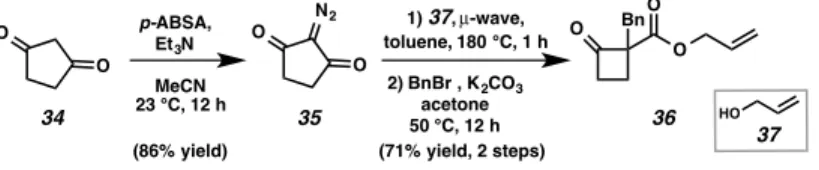 Figure 1.2.1.1 Construction of allyl 1-benzyl-2-oxocyclobutane-carboxylate (36) 