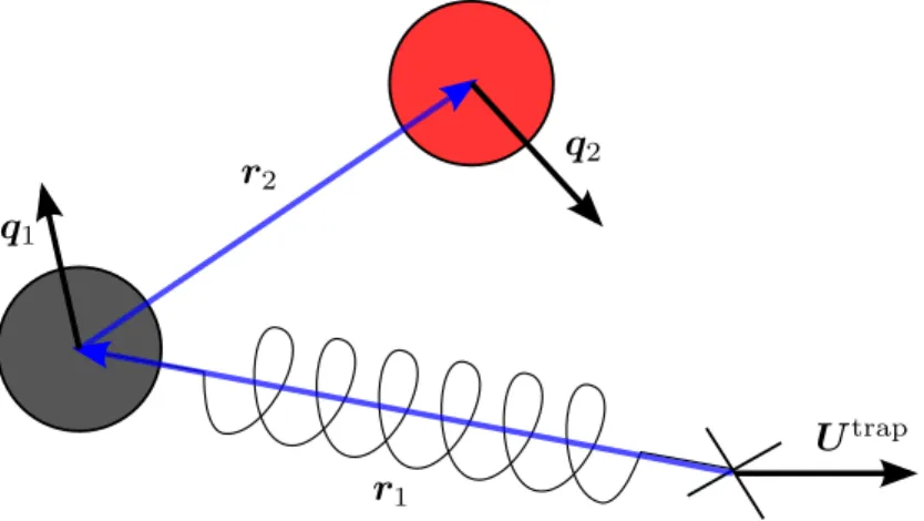 Figure 4.1: Schematic of the pair problem of a spherical probe particle in a moving harmonic trap interacting with a spherical bath particle