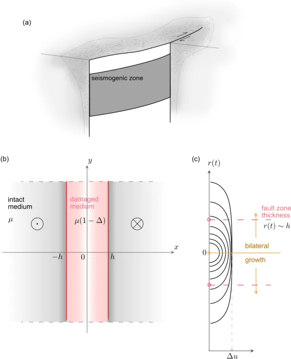 Figure 5.1: (a) Schematic representation of a fault zone. (b) Conceptualization of a fault zone as a simple tabular Low Velocity Fault Zone (LVFZ) model