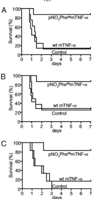 Figure 1.9. Use of ncAAs to breaking immunochemical self-tolerance. Immunization with  p-nitrophenylalanine  (84)  at  position  86  of  murine  tumor  necrosis  factor-α  (pNO 2 Phe 86 mTNF- α )  improves  survival  of  mice  in  a  TNF- α -dependent  sev