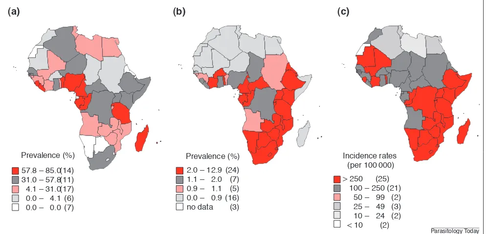 Fig. 1. The distribution of geohelminths2 (Ascariasis, Trichuiriasis and hookworm infections) (a), HIV/AIDS cases14 (b) and TB incidence15 (c) in Africa