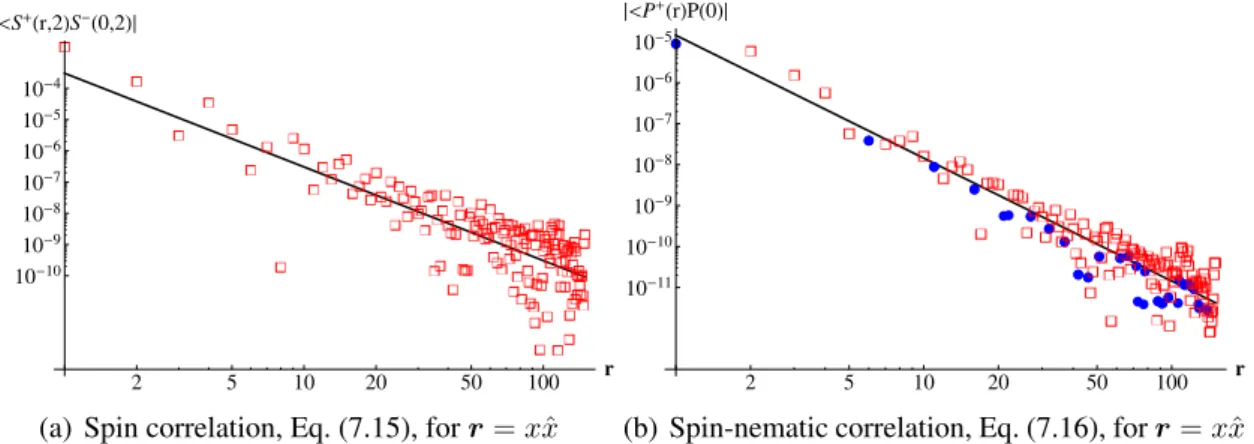 Figure 7.3: Figures (a) and (b) illustrate power-law behaviors of the spin correlations and spin-nematic correlations