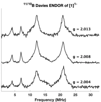 Figure  4.15.  Field  dependent  Davies  ENDOR  spectra  of  [1] 1- 1-collected at 5 K and 34.11 GHz microwave frequency