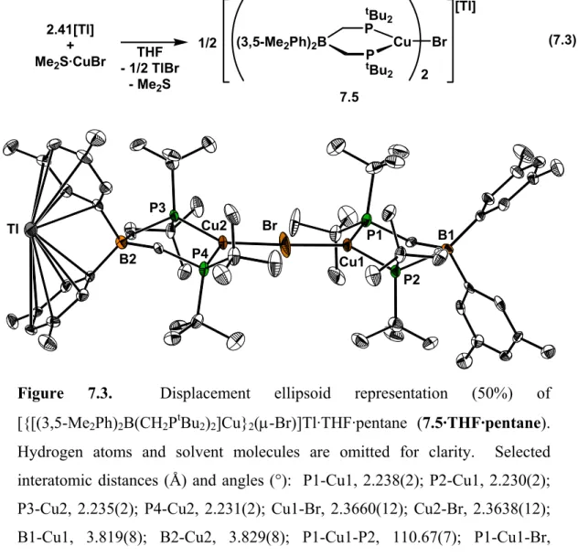 Figure 7.3.  Displacement ellipsoid representation (50%) of  [{[(3,5-Me 2 Ph) 2 B(CH 2 P t Bu 2 ) 2 ]Cu} 2 (µ-Br)]Tl·THF·pentane (7.5·THF·pentane)