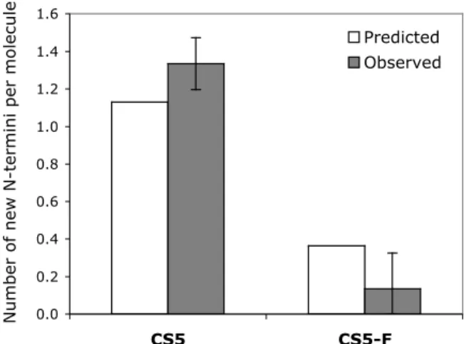 Figure III-4.  HLE degradation of CS5-F produces 90% fewer new N-termini per original molecule than CS5 after 4 h of reaction