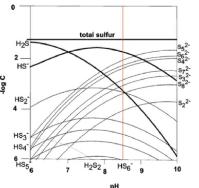 Fig. 1:   Concentration vs. pH diagram for dissolved sulfur species in the presence of  excess S 0 