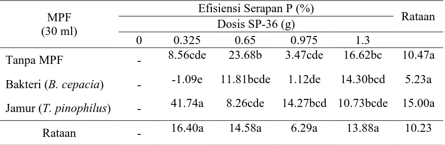 Tabel 9. Rataan Nilai Efisiensi Serapan P pada aplikasi mikroba pelarut fosfat dan  beberapadosis pupuk SP36 