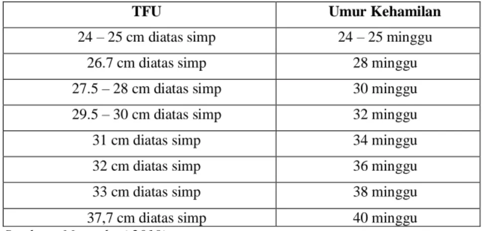 Tabel 2.1 Tinggi Fundus Uteri (menurut Leopold) 