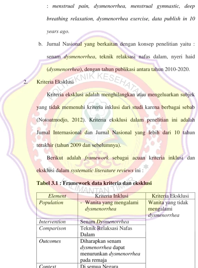 Tabel 3.1 : Framework data kriteria dan eksklusi 