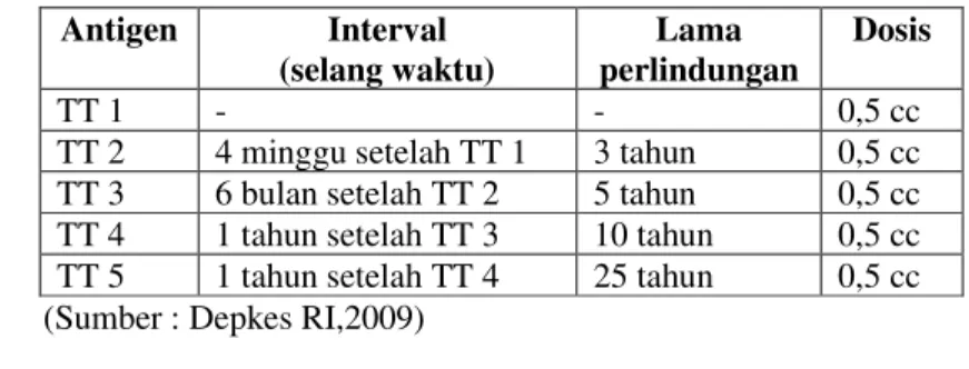 Tabel 2.4 Jadwal Pemberian Imunisasi TT  Antigen  Interval 