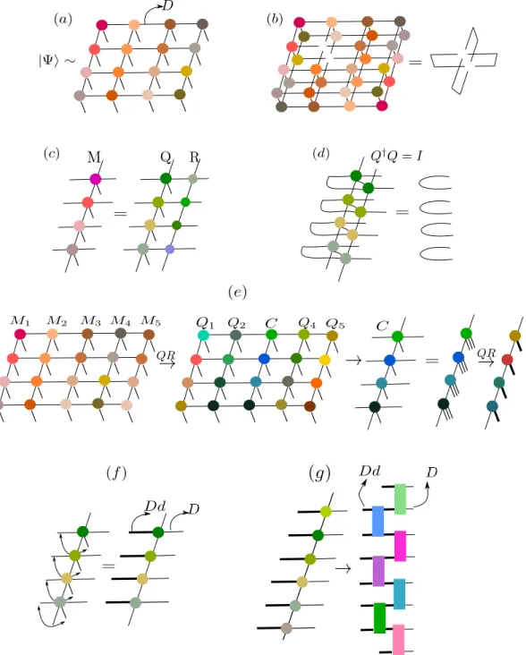 Figure 2.1: (a) Tensor network diagram of the PEPS |Ψ⟩ on a 4× 4 square lattice with open boundary conditions