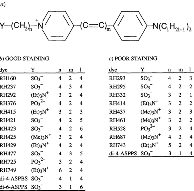 Table 6.2  Partial list of styryl dyes screened.  a)  Common structure for styryl dyes