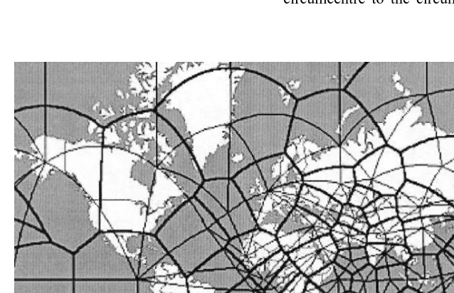 Fig. 12. Stereographic projection of the Voronoi diagram and Delaunay triangulation for a set of points.