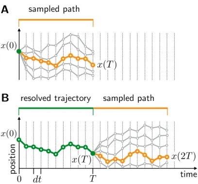 Figure 4.1. Illustration of a simple path-based MD integration scheme. A Sampling of the distribution of paths for the period of time from 0 to T