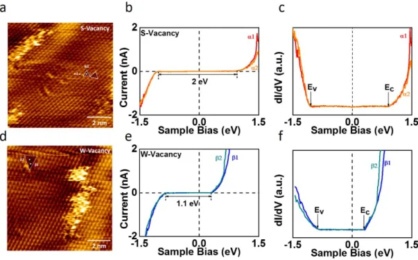 Figure 4.11. Scanning tunneling microscopic and spectroscopic studies of WS 2  monolayer: (a)  Atomically-resolved of SVs (as indicated by the white triangles) on a sample of monolayer WS 2  on  Au substrate