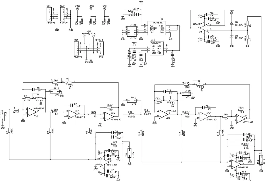 Figure A.1.  100 kHz 16-bit quad A/D converter board schematic.  This schematic shows one of four identical circuits except for the power supply connections.