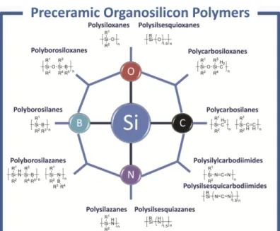 Figure 2.12: Typical classes of silicon-based preceramic polymers as precursors of polymer derived-ceramics [36] © 2010 The American Ceramic Society.